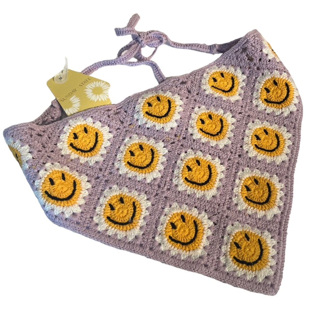 Crochet Smiley Face Bandana, purple